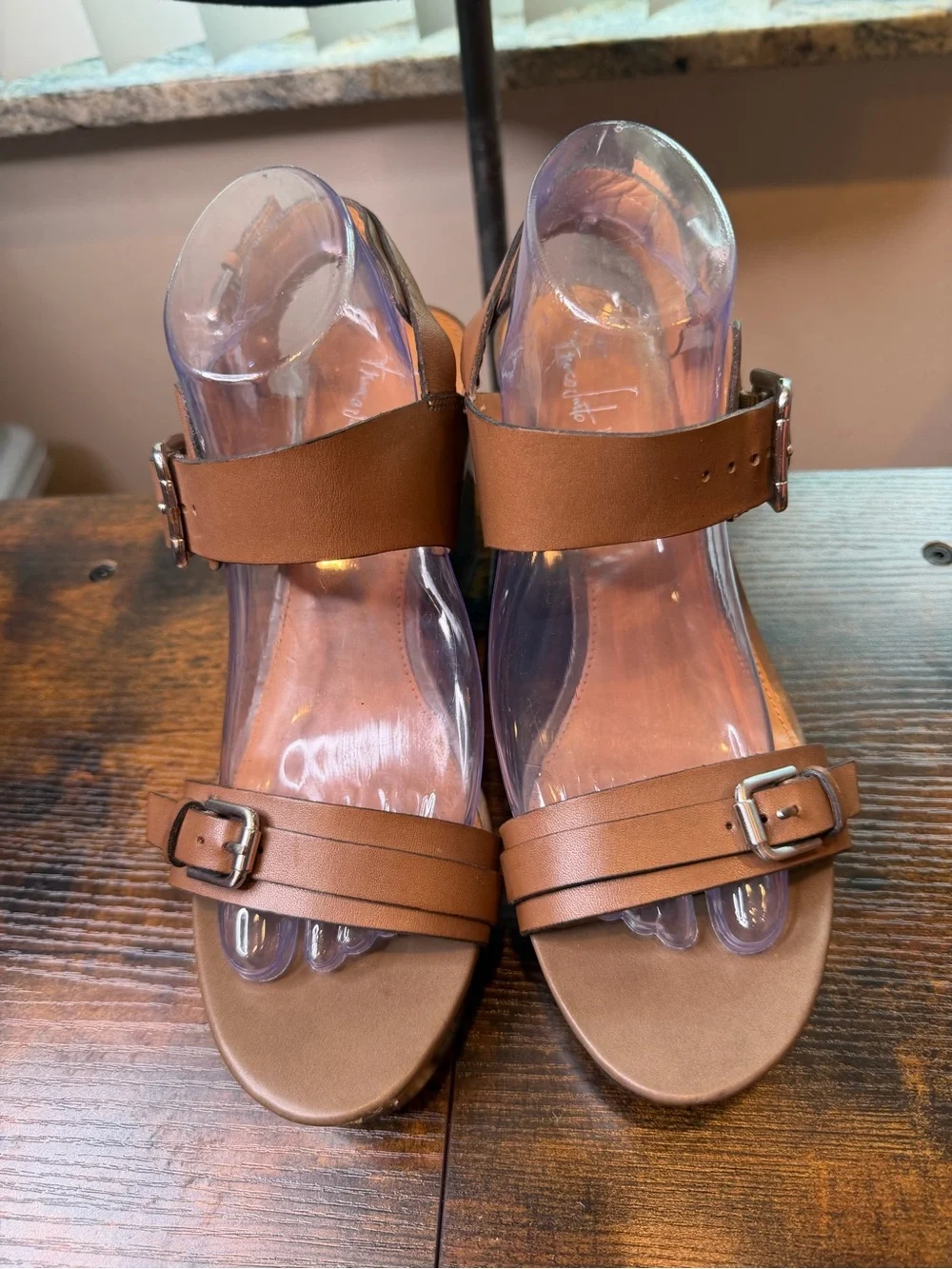 Franco Sarto Divine wedge sandals brown leather straps metallic buckle Size 9.5